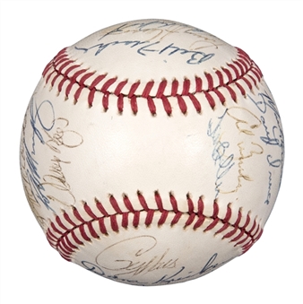 1990 Boston Red Sox Team Signed OAL Brown Baseball With 27 Signatures Including Clemens, Reardon, Barrett & Pena (PSA/DNA)